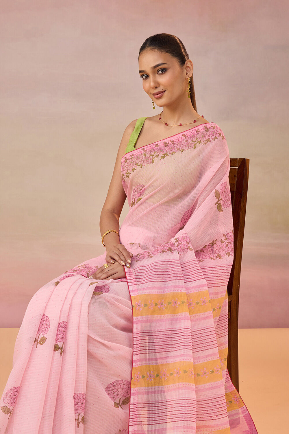 Light Pink Block Printed Bengal Pure Cotton Kota Saree image number null