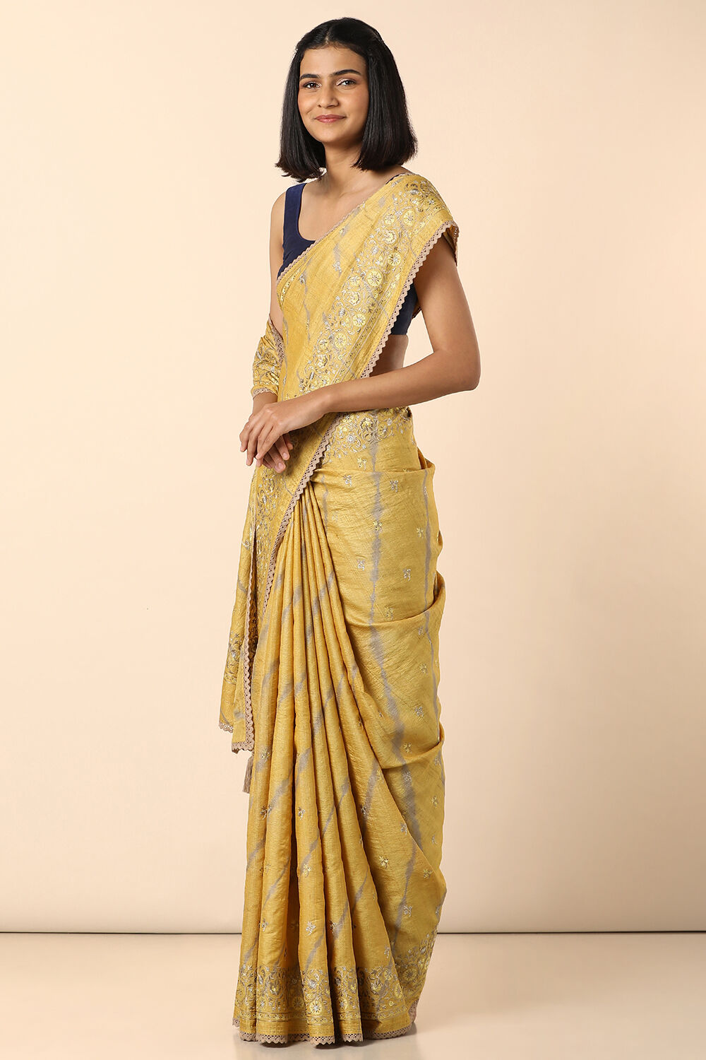 Yellow Embroidered Pure Tussar Saree image number null