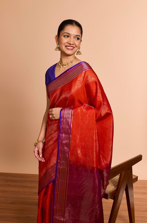 Dark Orange Woven Soft Pure Silk Saree