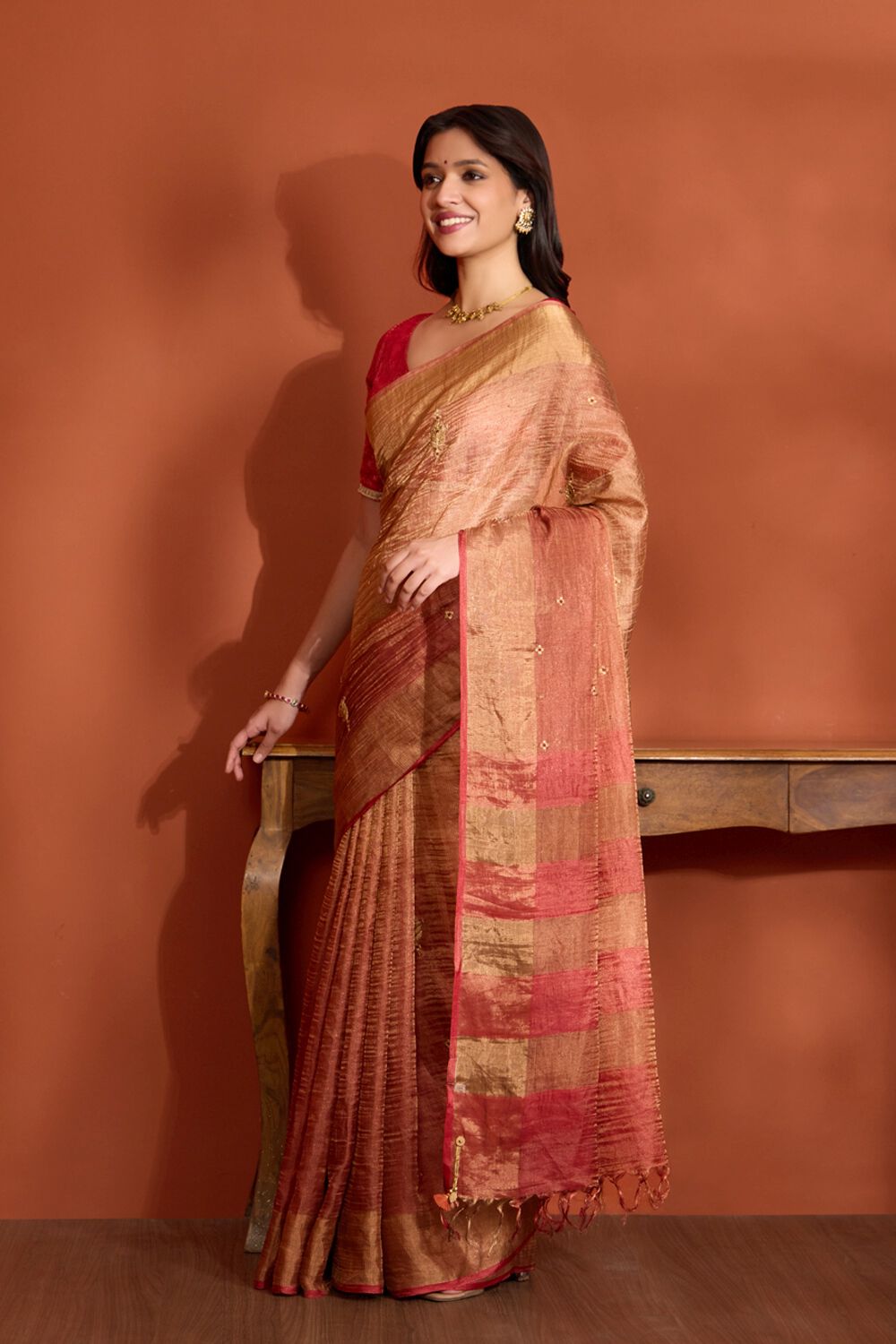 Dark Orange Pure Silk Tissue Embroidered Saree image number null