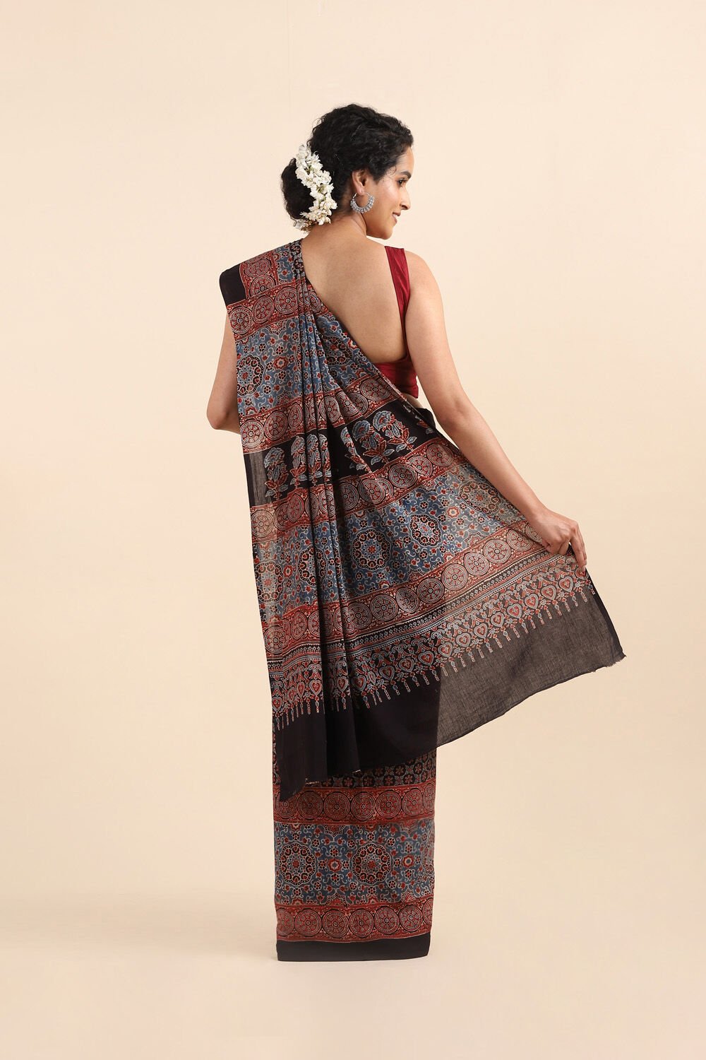 Black Pure Cotton Ajrakh Printed Saree image number null