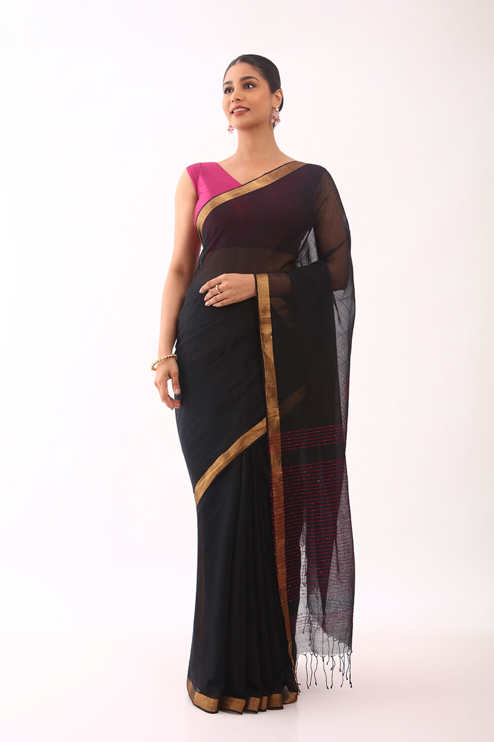 Black Woven Pure Silk Cotton Bengali Saree image number null