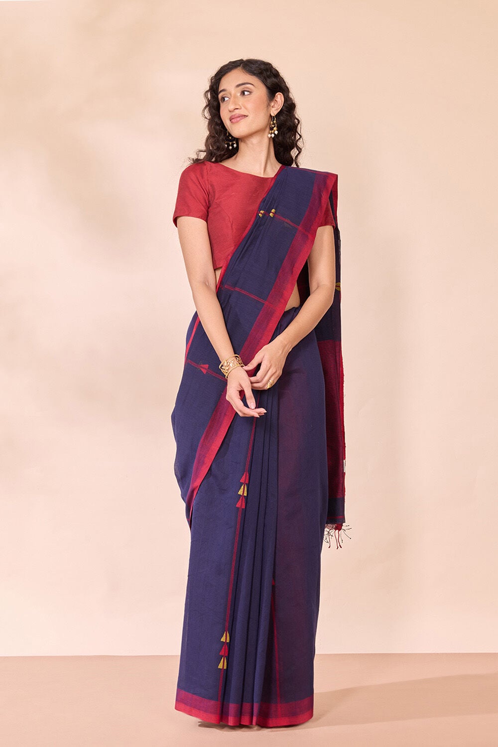 Dark Blue Bengal Pure Silk Cotton Jamdani Saree image number null