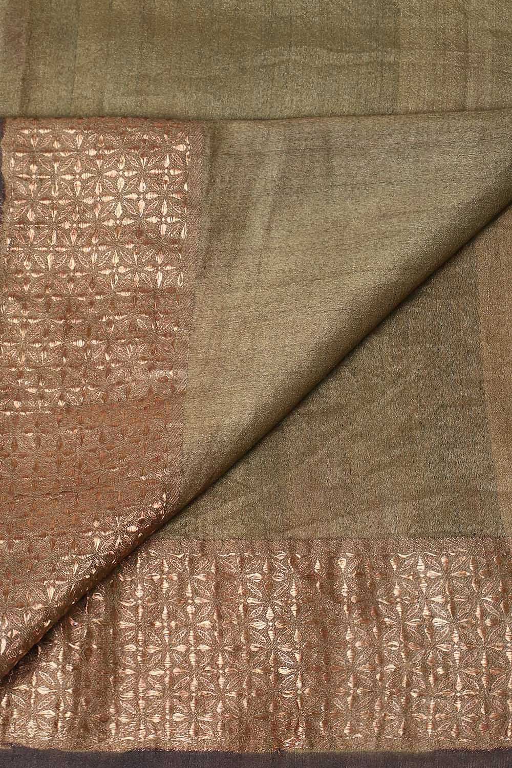 Pine Green Pure Silk Tussar Bagru Print and Zardosi Embroidered Saree image number null