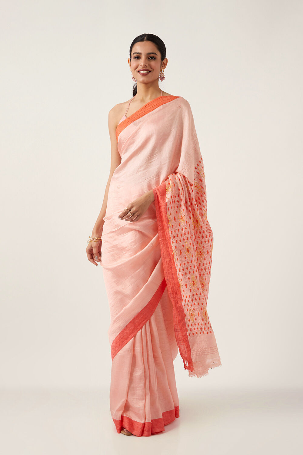 Light Orange Pure Silk Hand Painted Saree image number null