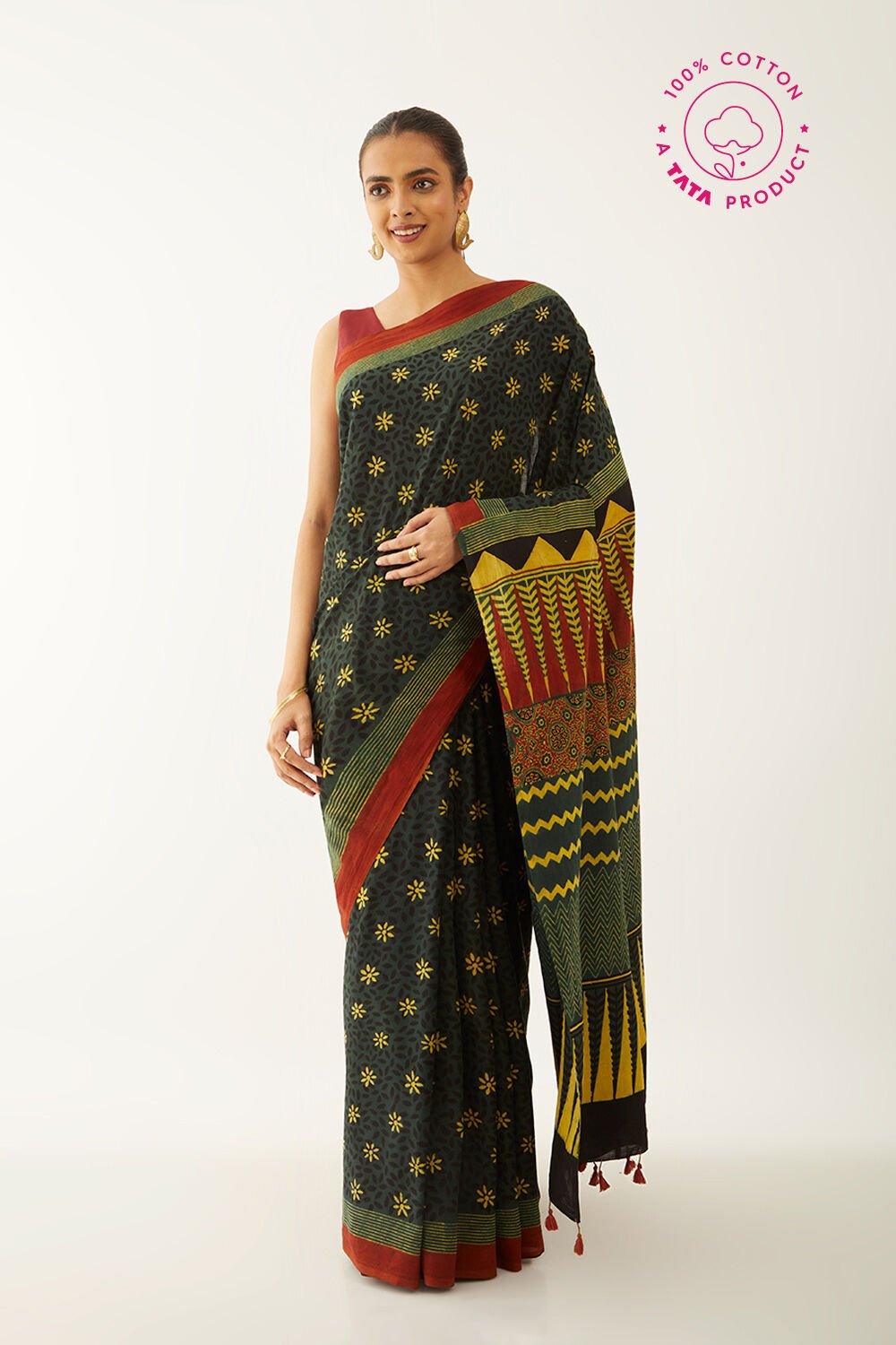 Green Pure Cotton Ajrakh Block Print Saree image number null