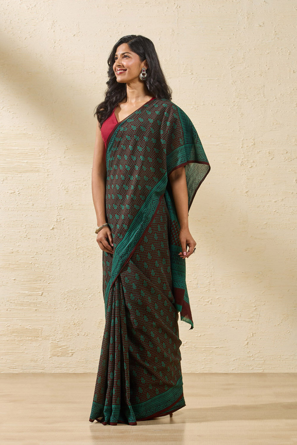 Dark Green Bagh Block Printed Pure Cotton Saree image number null