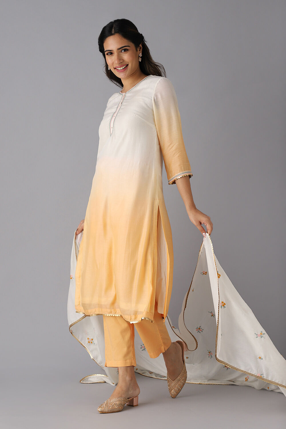Off White and Light Orange Viscose Embroidered Kurta Set image number null