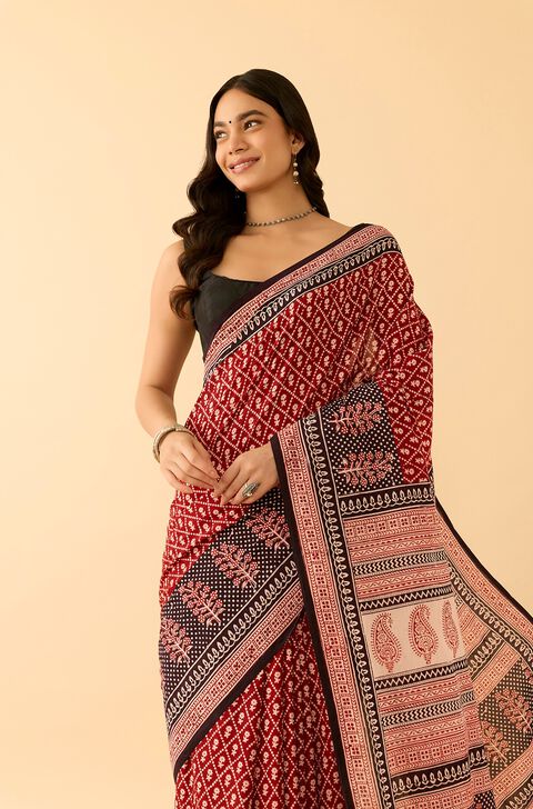 Red Bagh Block Printed Pure Cotton Saree