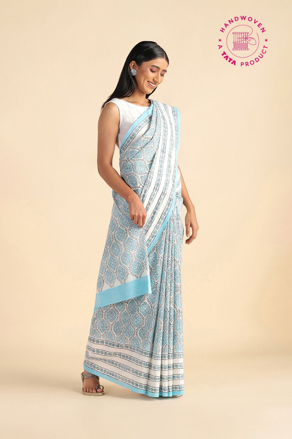 Blue Pure Khadi Cotton Block Print Sanganeri Saree image number null