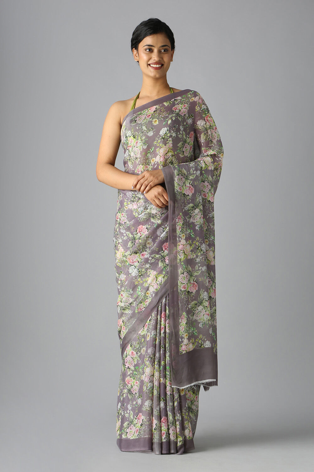 Grey Viscose Crepe Digital Printed Saree image number null