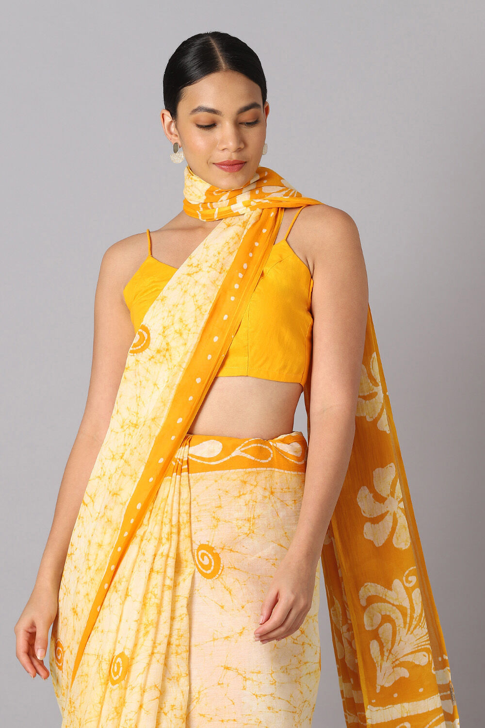 Light Pure Yellow Cotton Batik Saree image number null