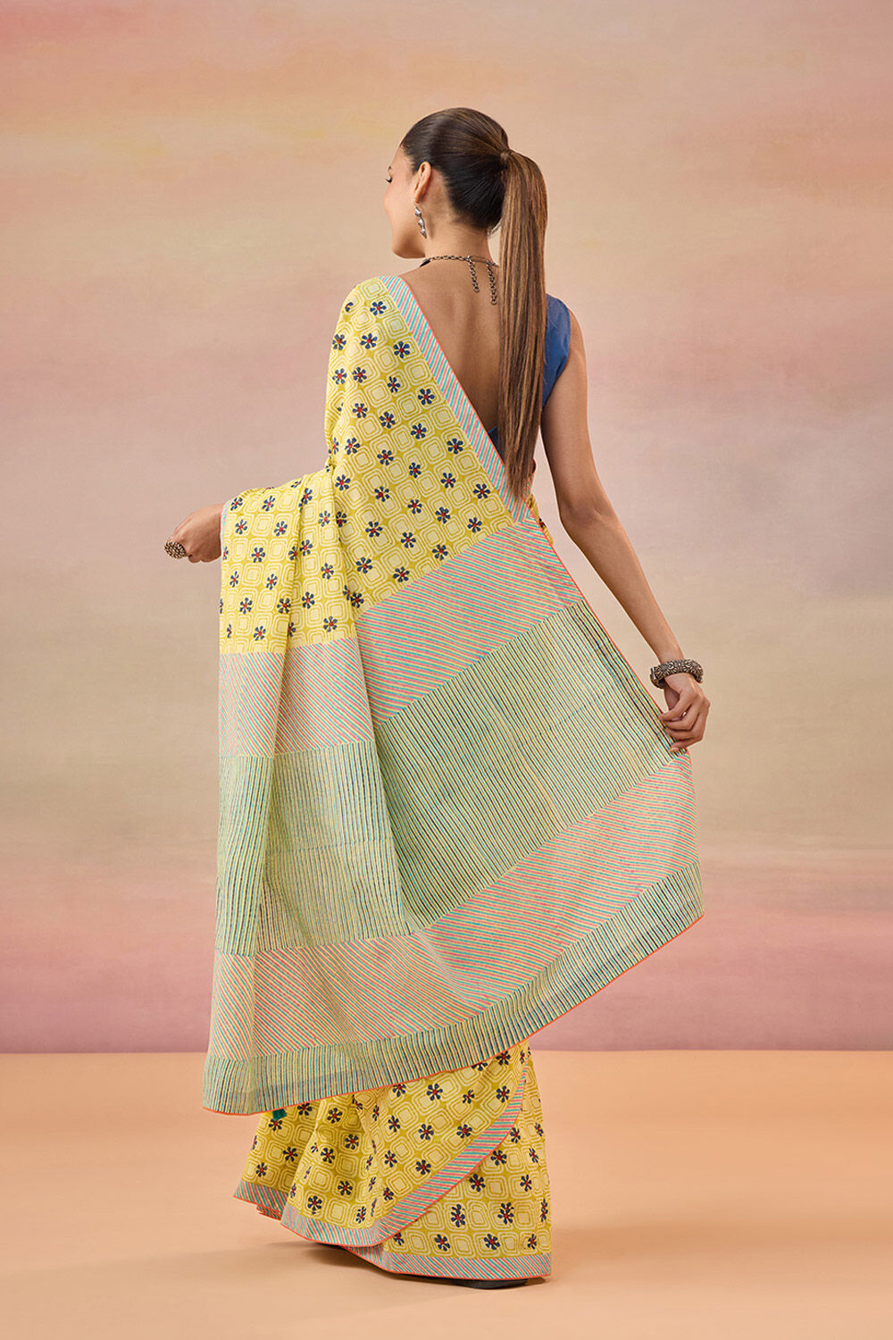 Light Yellow Pure Cotton Block Printed Bengal Saree image number null