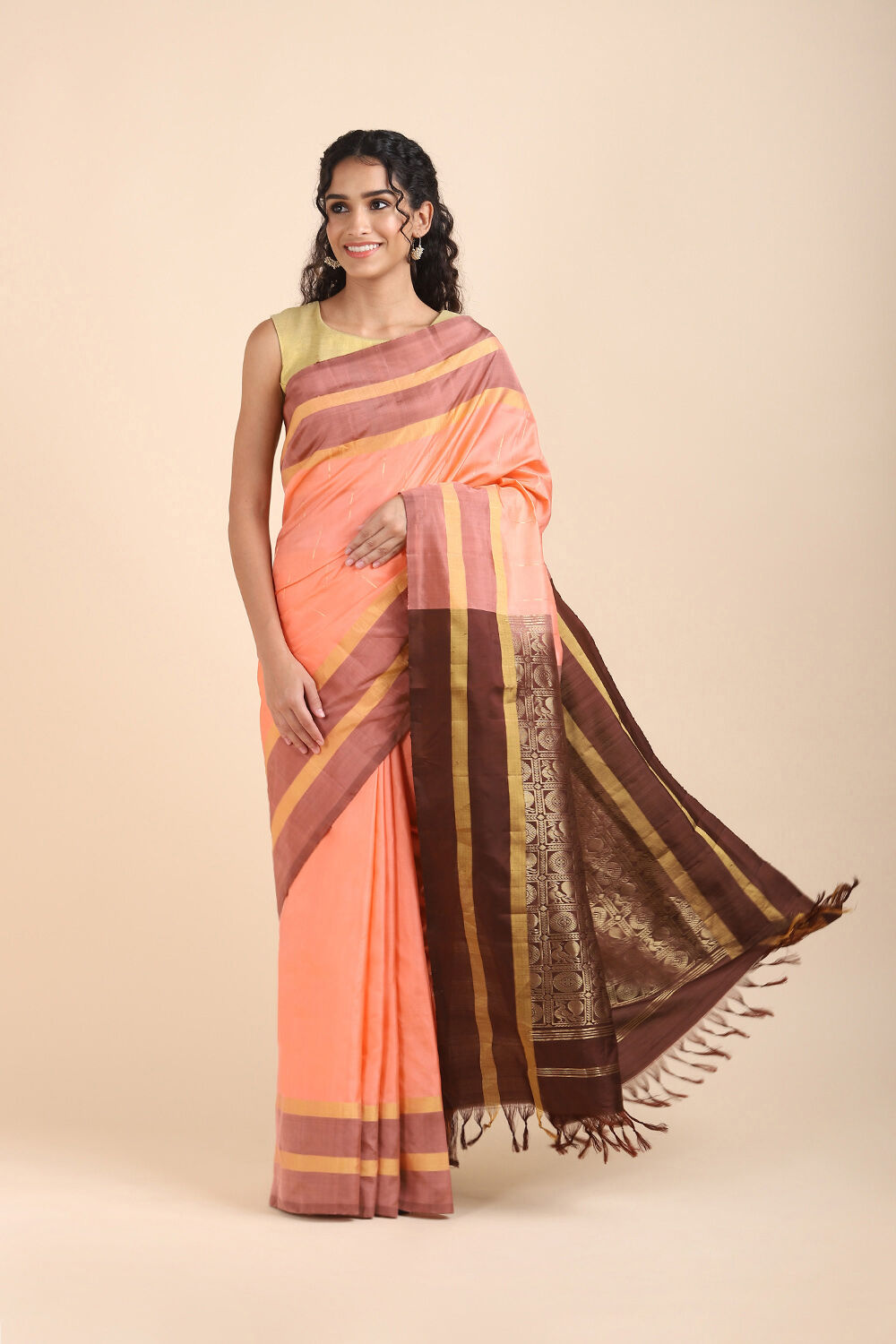 Light Orange Pure Silk Kanjivaram inspired Saree image number null