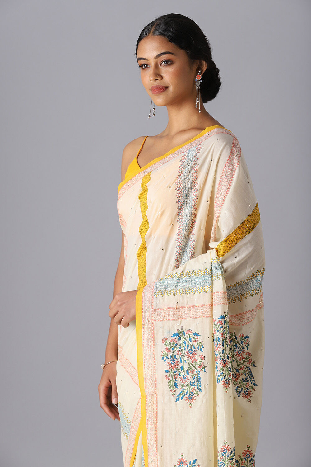 Off White Pure Silk Cotton Sanganeri Printed Saree image number null