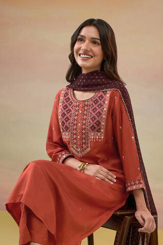 Dark Orange Pure Viscose Embroidered Kurta Set image number