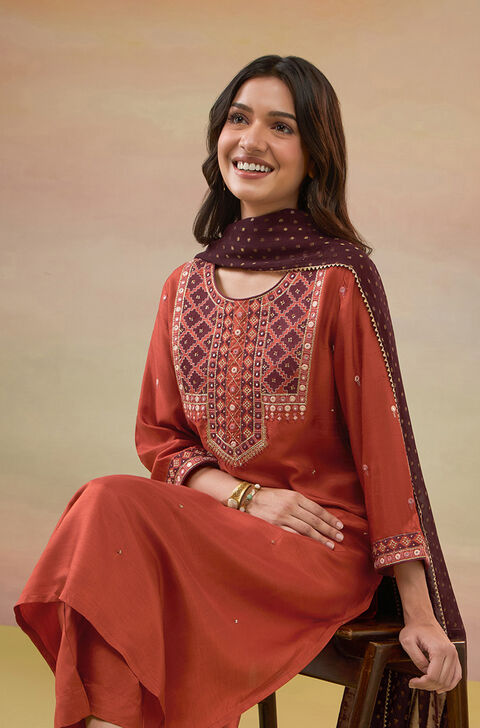 Dark Orange Pure Viscose Embroidered Kurta Set