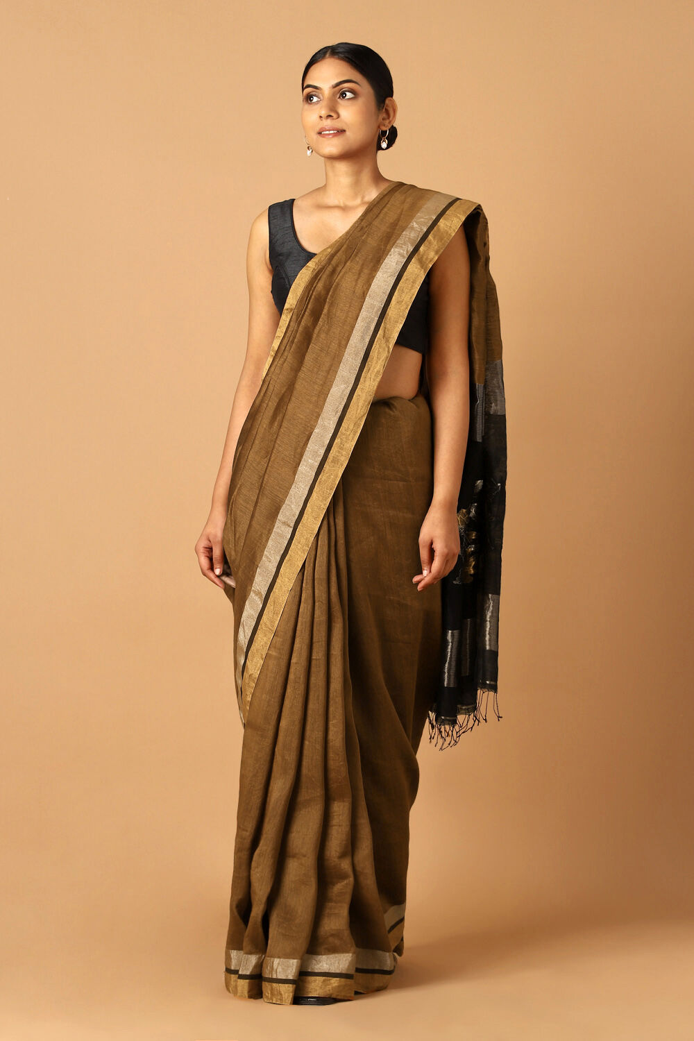 Brown Pure Silk Linen Jamdani Saree image number null