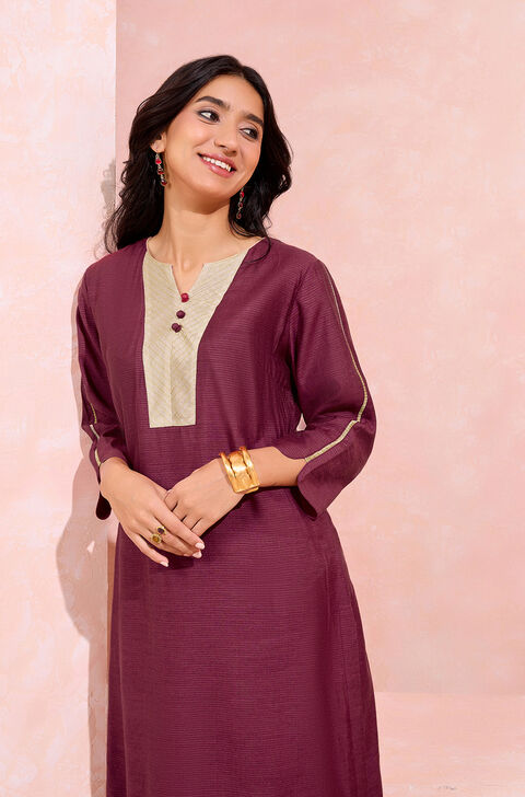 Dark Red Woven Pure Tussar Silk Kurta Set