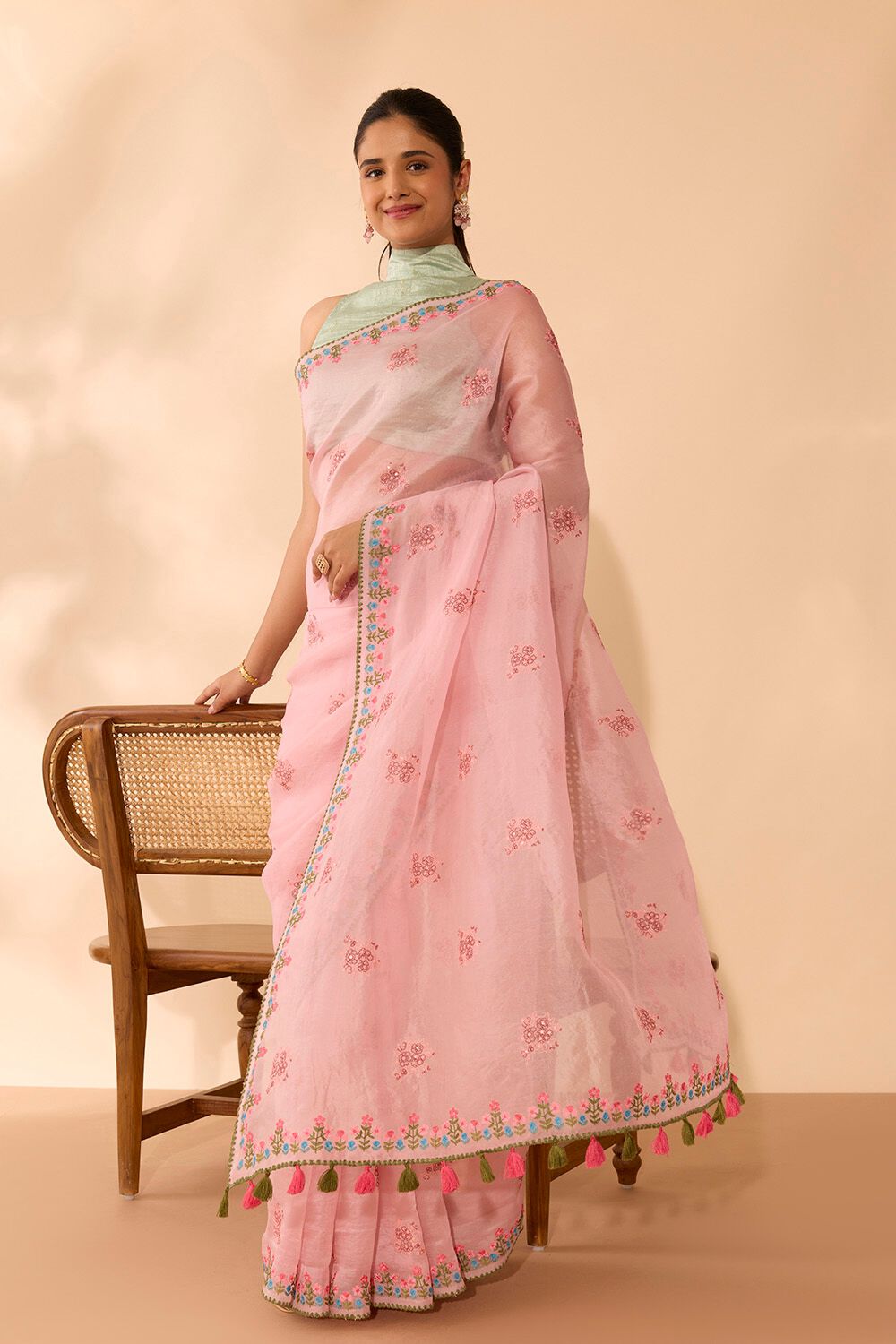 Light Pink Pure Silk Organza Embroidered Saree image number null