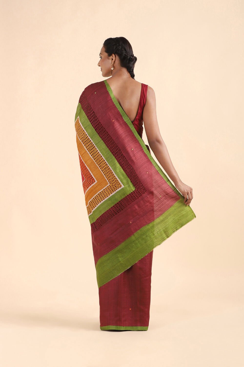 Dark Red Pure Tussar Silk Embroidered Saree image number null