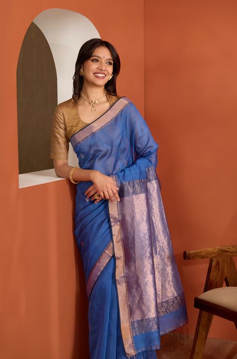 Dark Blue Pure Silk Cotton Bengal Woven Saree