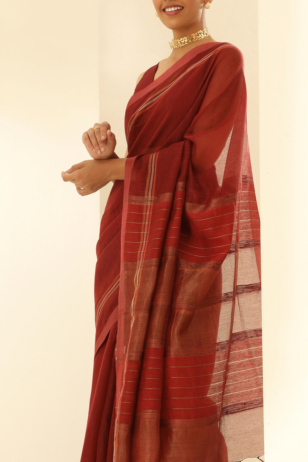 Dark Red Pure Tussar Silk Woven Bhagalpuri Saree image number null