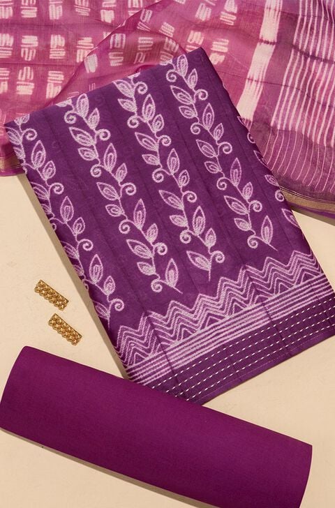 Purple Tie and Dye Shibori Pure Silk Cotton Unstitched Suit Set
