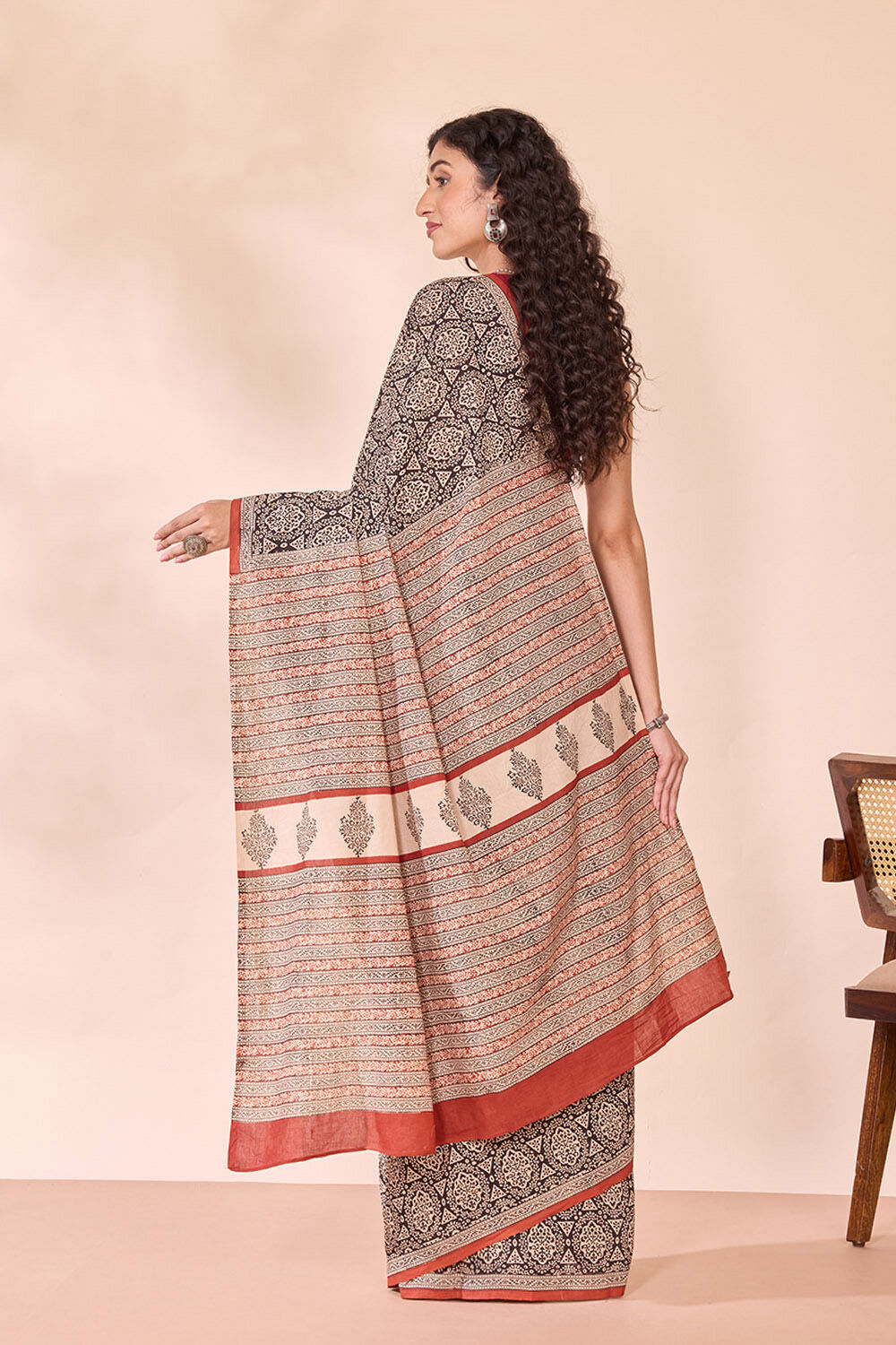 Black Rajasthan Block Printed Pure Cotton Saree image number null