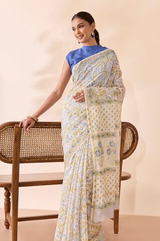 Light Blue Rajasthan Pure Silk Cotton Printed Sanganeri Saree image number