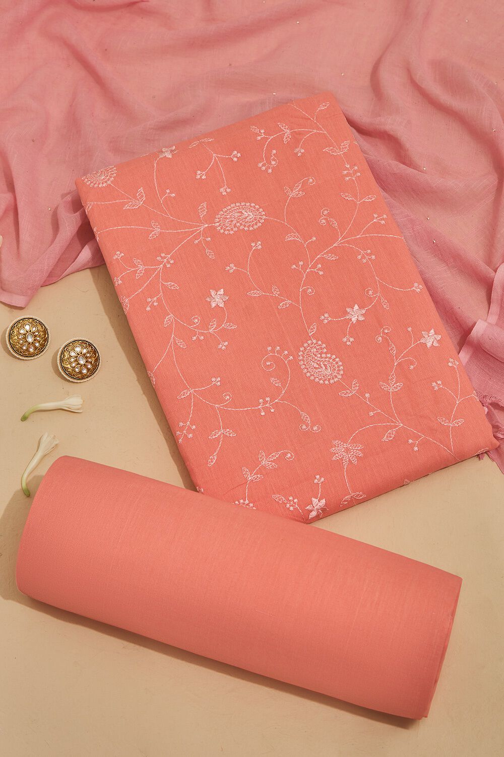 Light Orange Pure Cotton Embroidered Unstitched Suit Set image number null