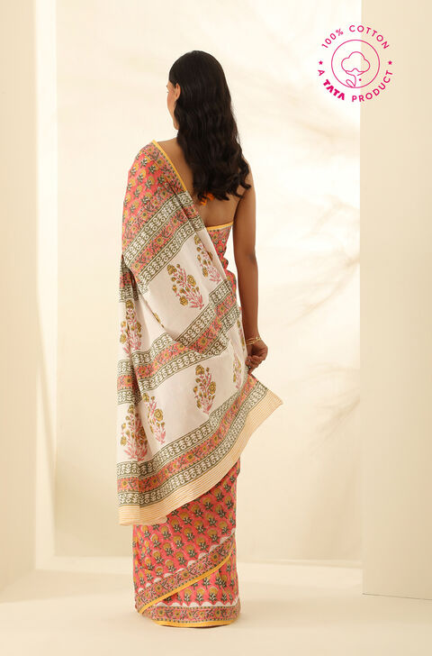 Orange Pure Cotton Bagru Block Printed Saree
