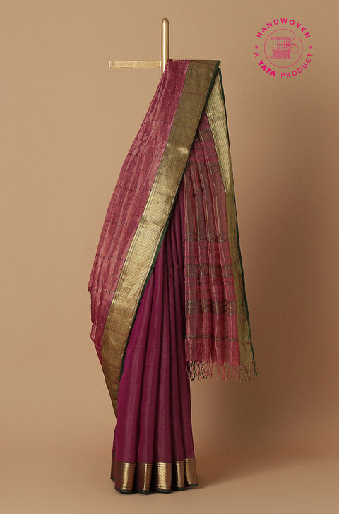 Dark Pink Pure Cotton Tissue Maheswari Saree