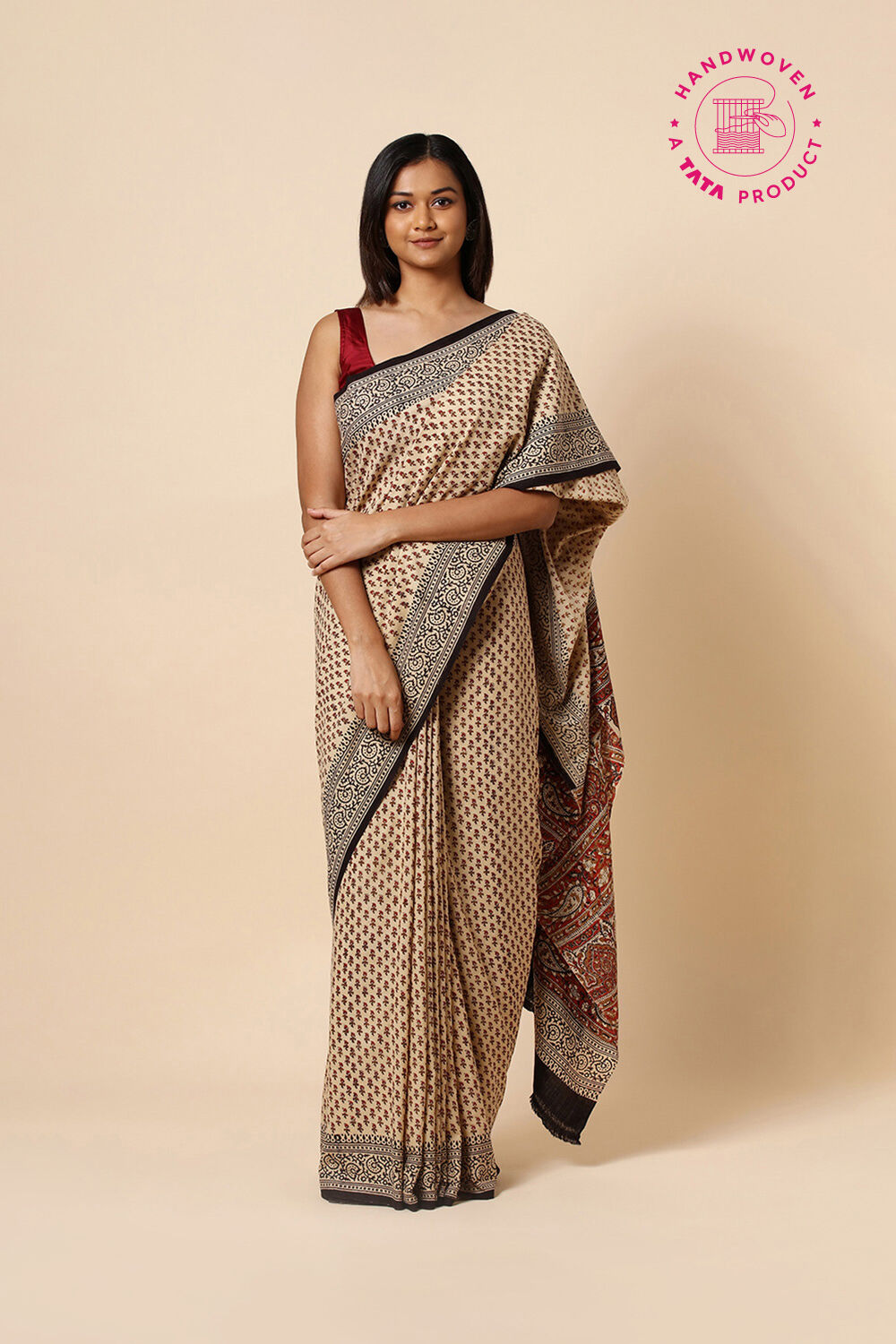 Beige Pure Khadi Cotton Bagru Printed Saree image number null