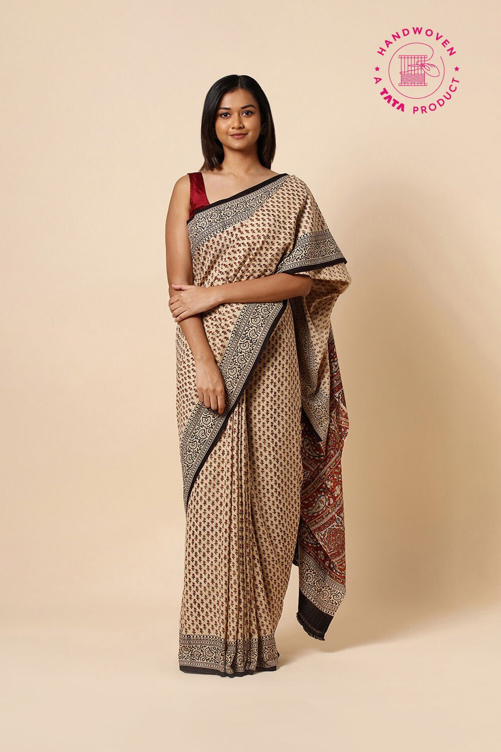 Beige Pure Khadi Cotton Bagru Printed Saree image number null
