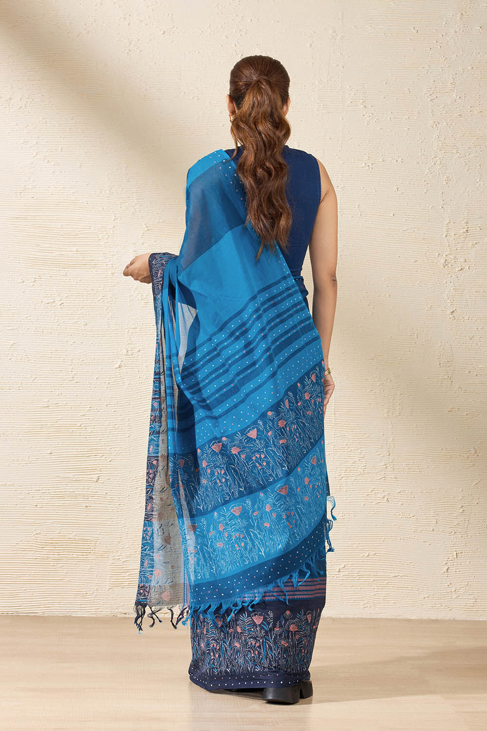 Blue Rajasthan Block Printed Pure Cotton Saree image number null