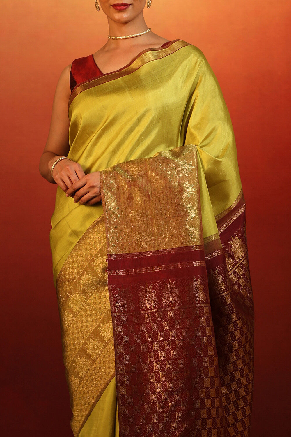 Lime Woven Pure Silk Kanjivaram Saree image number null