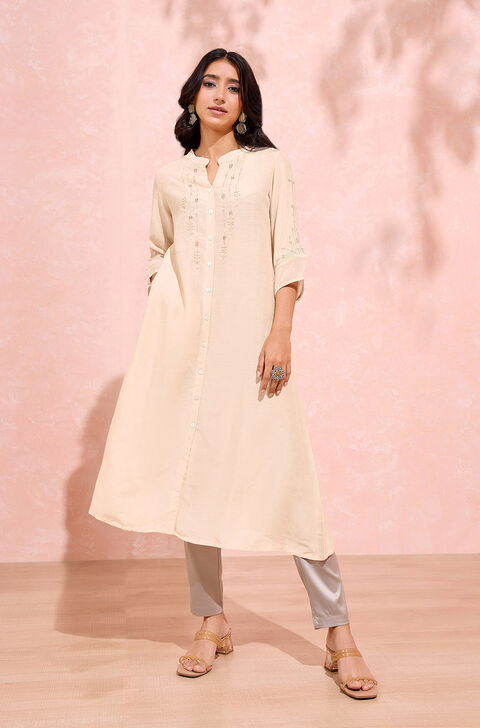Off White Viscose Embroidered Kurta