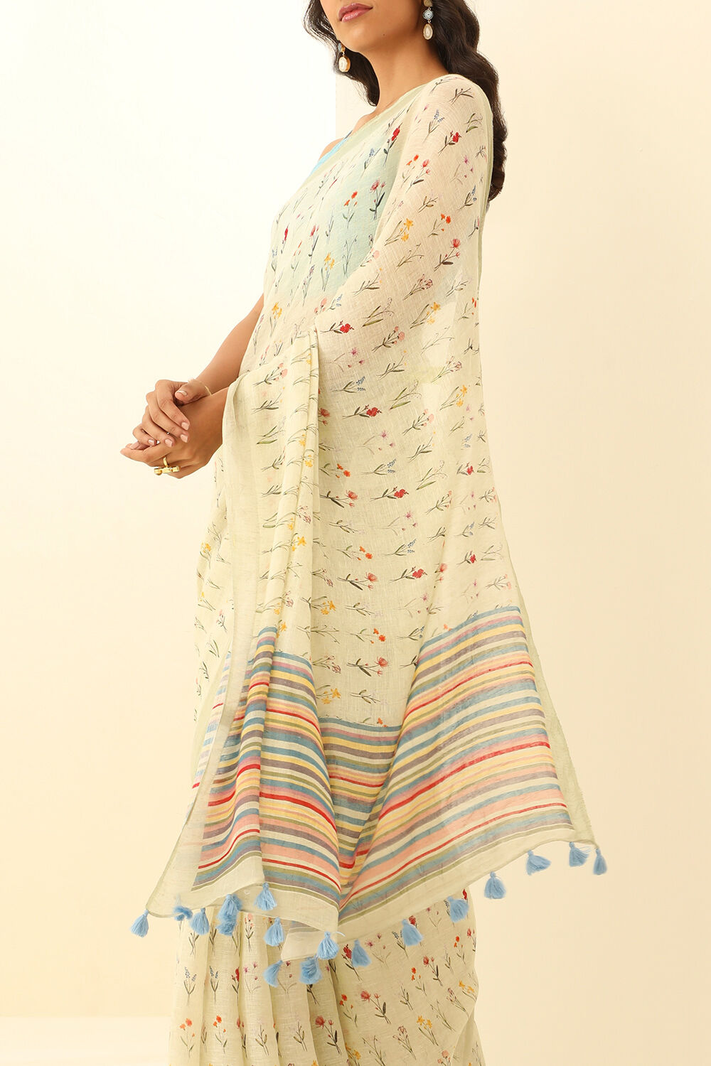 Light Green Pure Linen Digital Print Saree image number null
