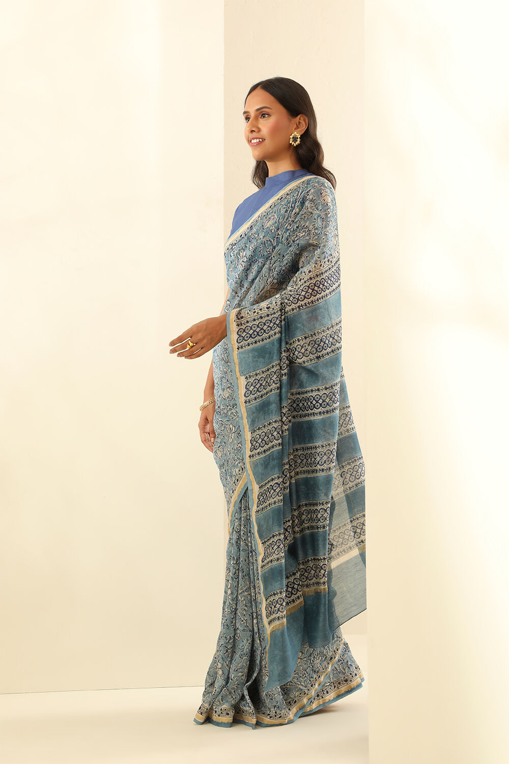 Light Blue Pure Silk Cotton Bagru Block Printed Saree image number null
