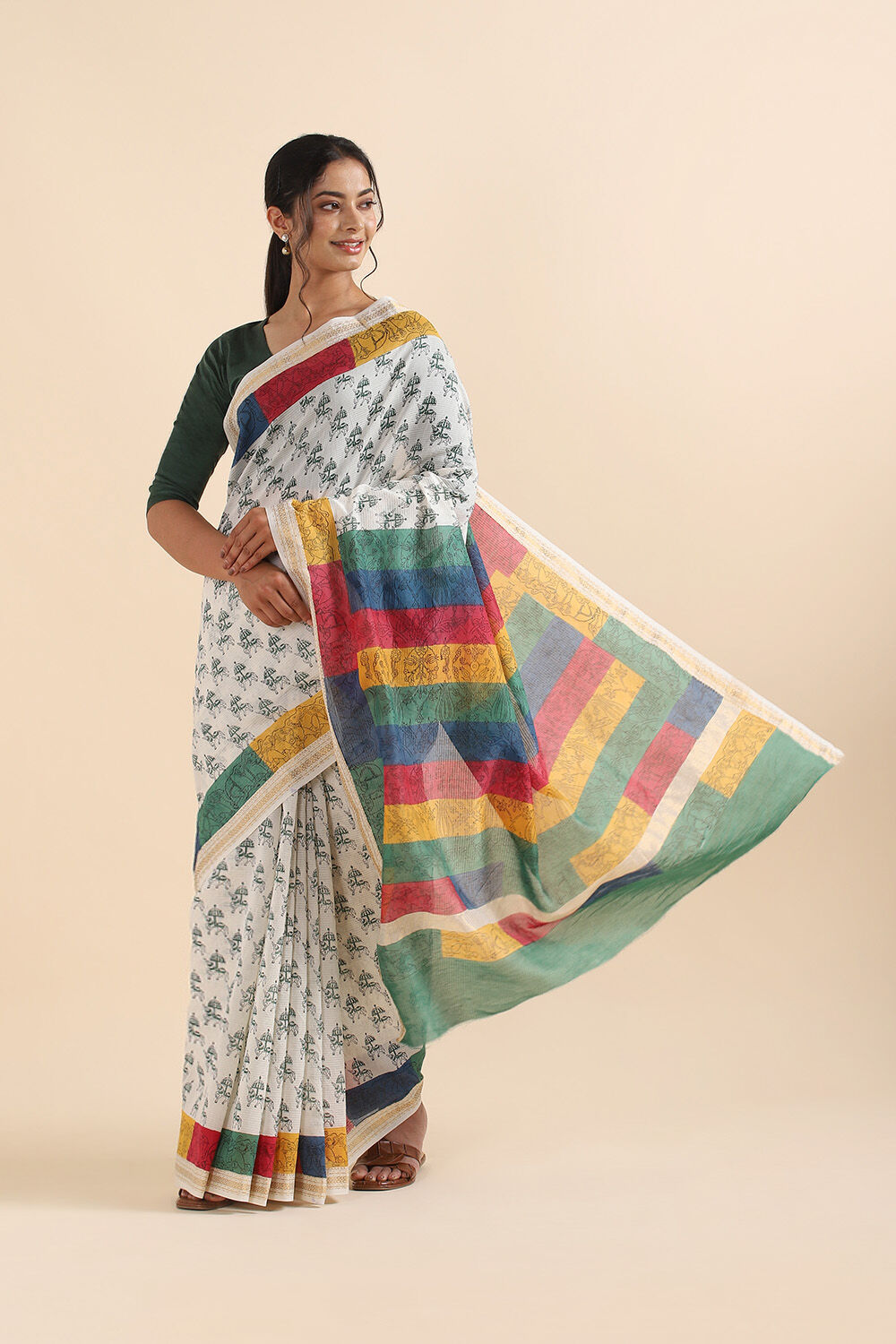 Off White Pure Silk Cotton Sanganeri Printed Saree image number null