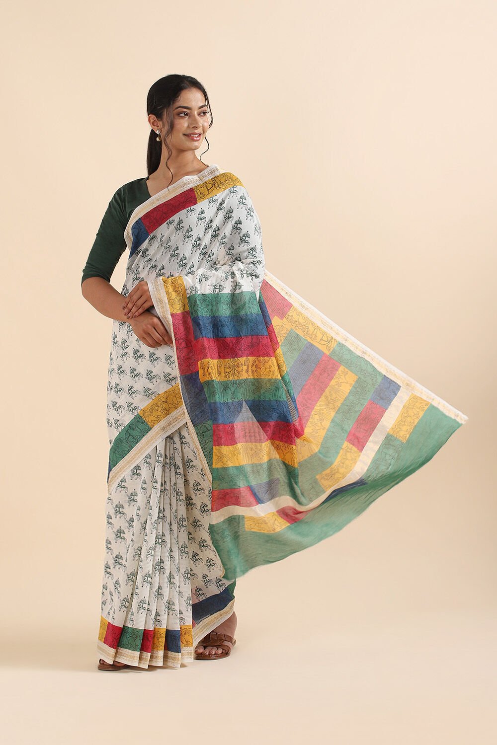 Off White Pure Silk Cotton Sanganeri Printed Saree image number null