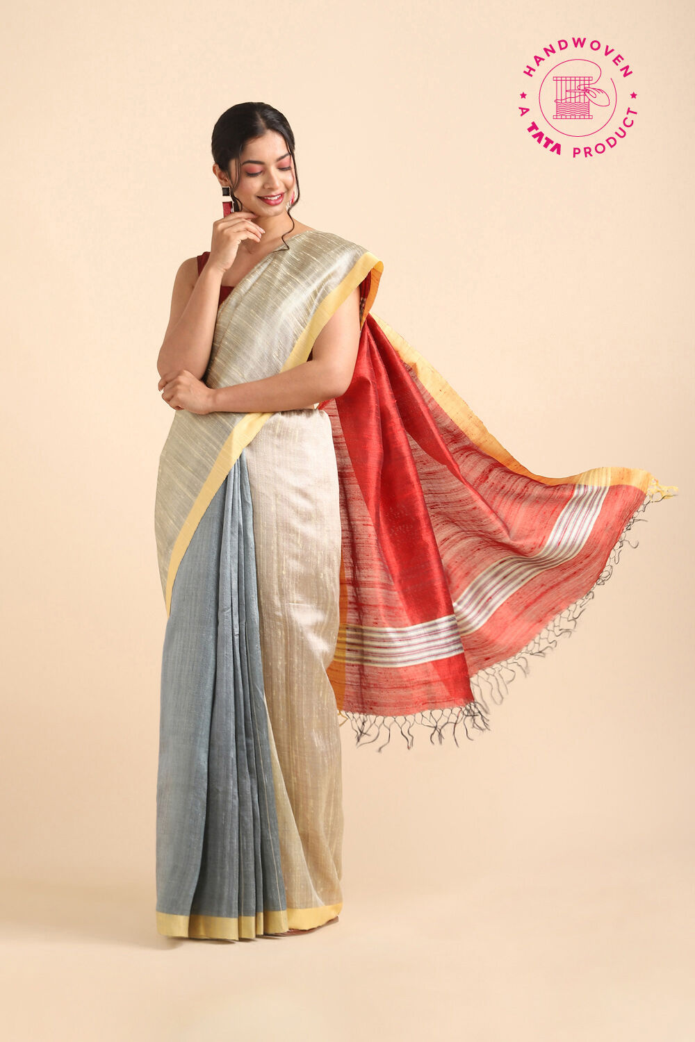 Grey Pure Tussar Silk Bhagalpuri Saree image number null