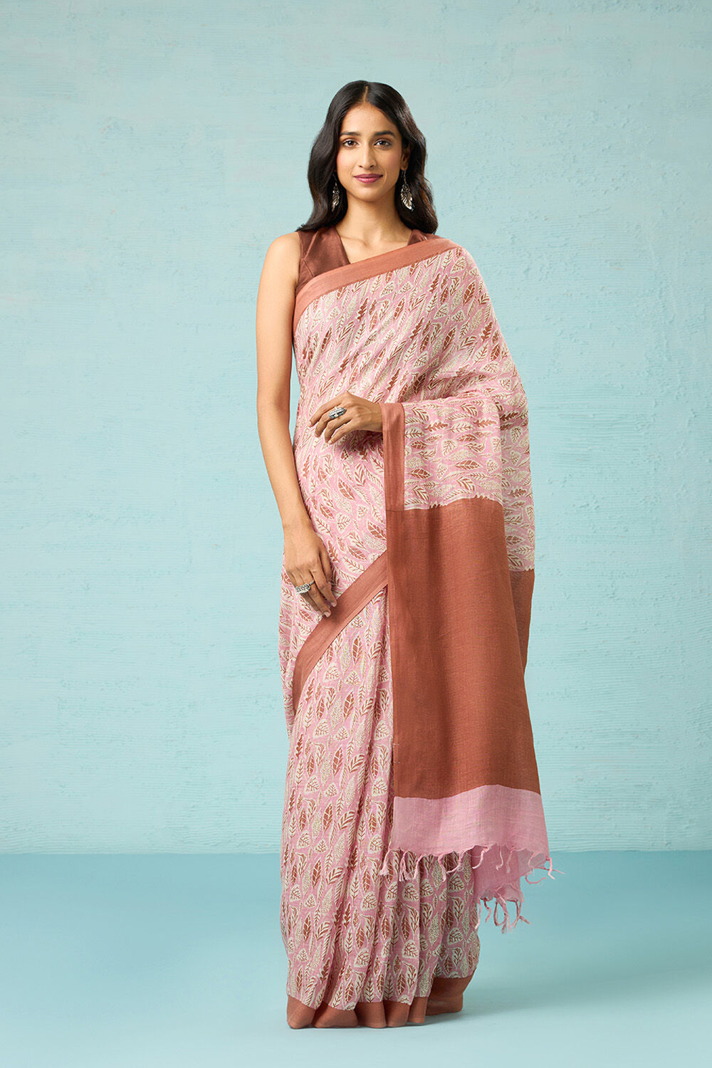 Pink Screen Printed Pure Linen Saree image number null