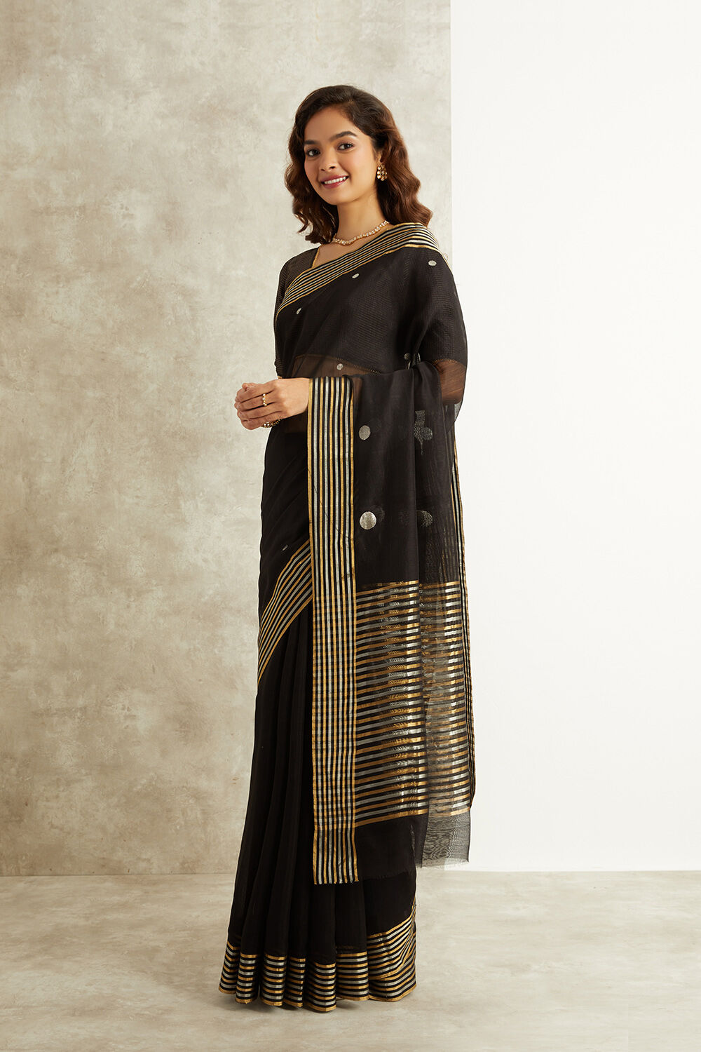 Black Pure Silk Cotton Eknaliya Chanderi Saree image number null