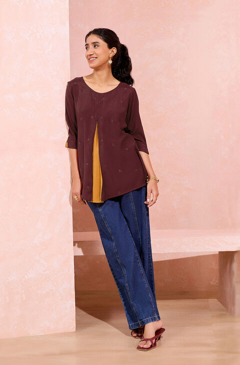 Brown Viscose Embroidered Short Top