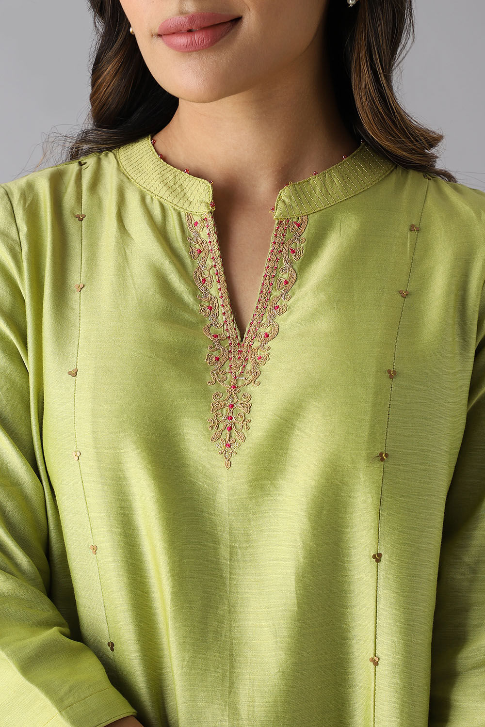 Light Green Silk Cotton Embroidered Kurta image number null