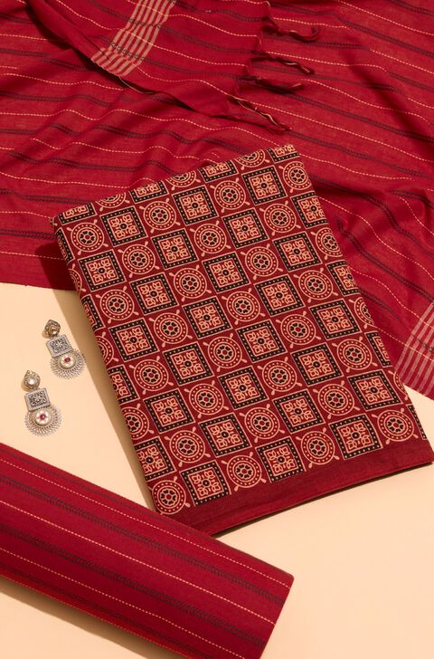 Dark Red Pure Cotton Ajrakh Unstitched Suit Set