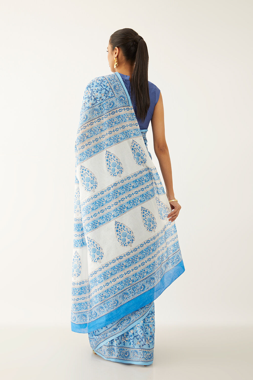 Blue Pure Cotton Block Print Saree image number null