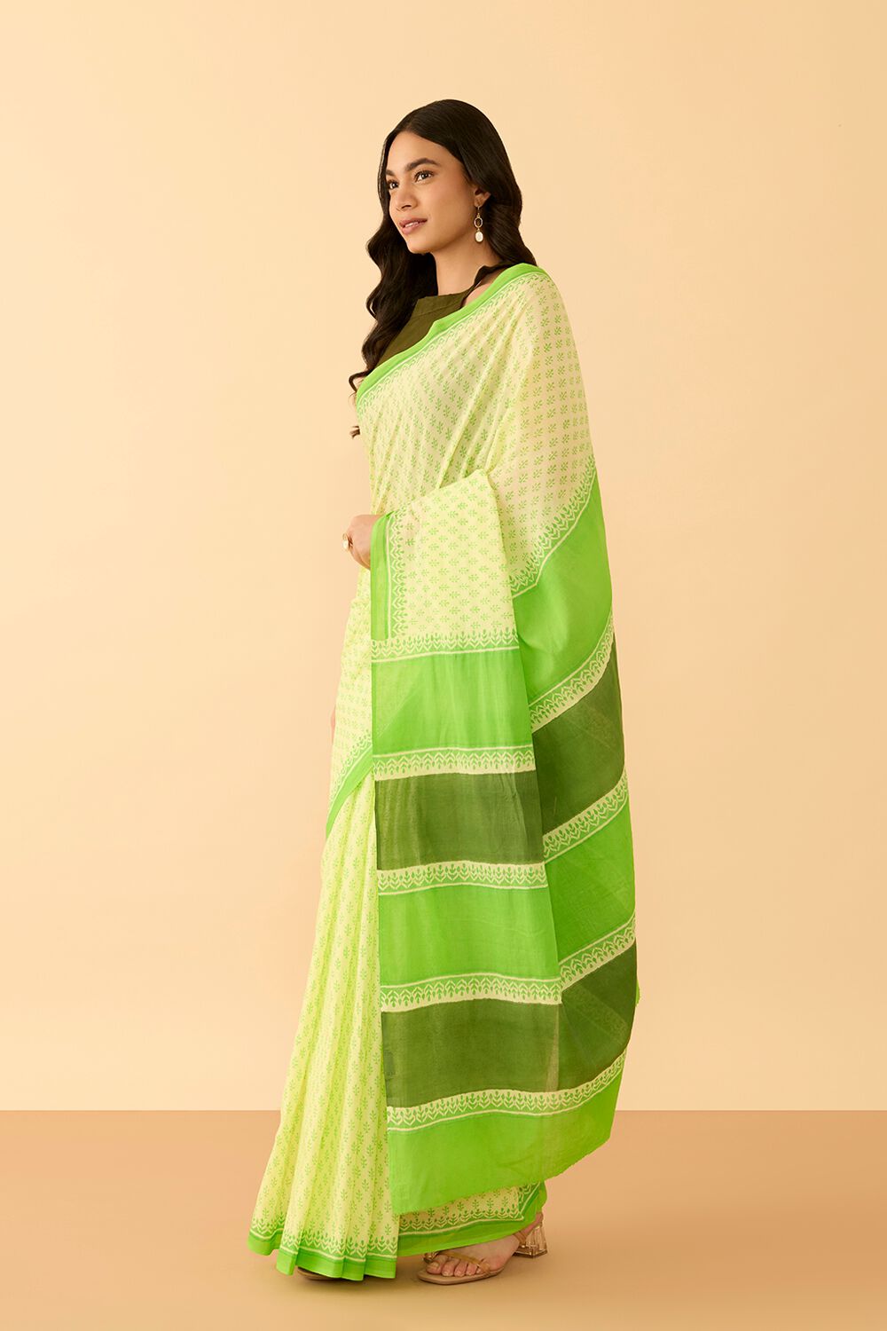 Light Green Bengal Pure Cotton Mulmul Block Printed Saree image number null